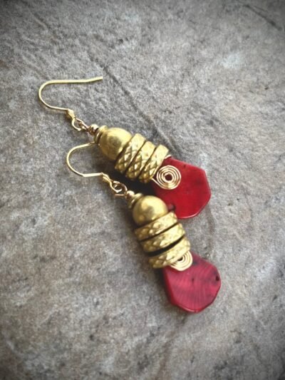 Tribal Bohemian Earrings Red Coral Spiral African Trade Brass Handmade Beads - Image 6