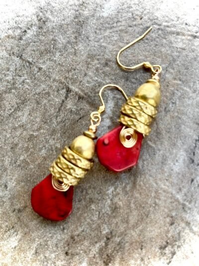 Tribal Bohemian Earrings Red Coral Spiral African Trade Brass Handmade Beads - Image 7