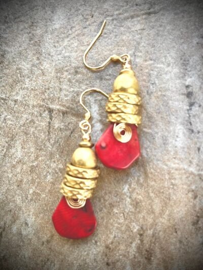 Tribal Bohemian Earrings Red Coral Spiral African Trade Brass Handmade Beads