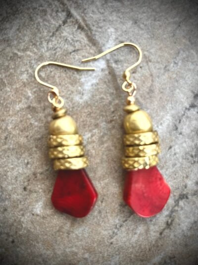 Tribal Bohemian Earrings Red Coral Spiral African Trade Brass Handmade Beads - Image 9