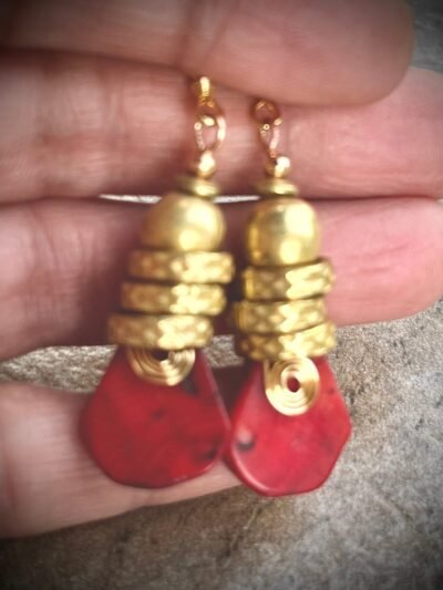 Tribal Bohemian Earrings Red Coral Spiral African Trade Brass Handmade Beads - Image 10