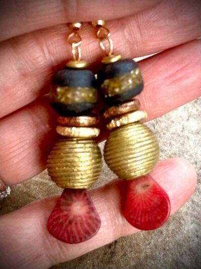 Tribal Boho Earrings Red Coral Ghanaian Ethnic Glass African Trade Beads - Image 2