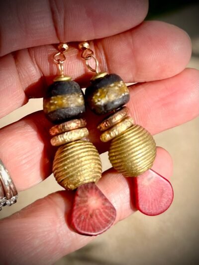 Tribal Boho Earrings Red Coral Ghanaian Ethnic Glass African Trade Beads - Image 4