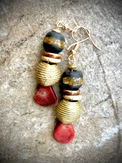 Tribal Boho Earrings Red Coral Ghanaian Ethnic Glass African Trade Beads - Image 3