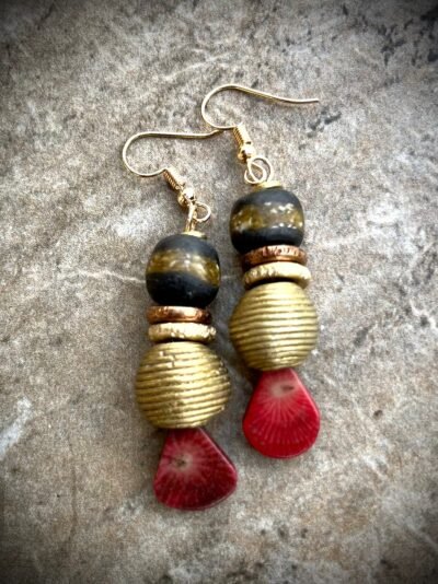 Tribal Boho Earrings Red Coral Ghanaian Ethnic Glass African Trade Beads