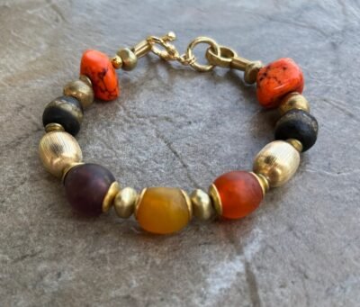 Boho Chic Bracelet Ghanaian Recycled Glass, Howlite, Vintage Italian Gold Filled Beads - Image 9