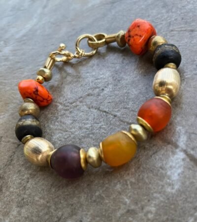 Boho Chic Bracelet Ghanaian Recycled Glass, Howlite, Vintage Italian Gold Filled Beads - Image 4