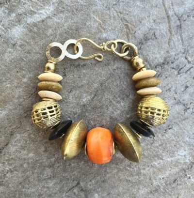 Boho Tribal Bracelet Kenya Coral Bone Ashanti Glass Trade Brass Africa - Image 3