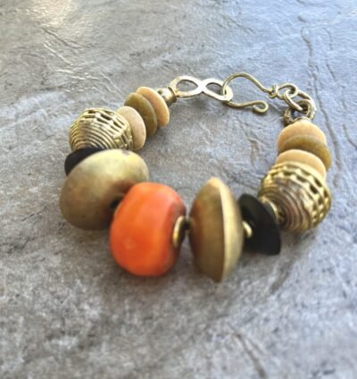 Boho Tribal Bracelet Kenya Coral Bone Ashanti Glass Trade Brass Africa - Image 2