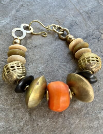 Boho Tribal Bracelet Kenya Coral Bone Ashanti Glass Trade Brass Africa