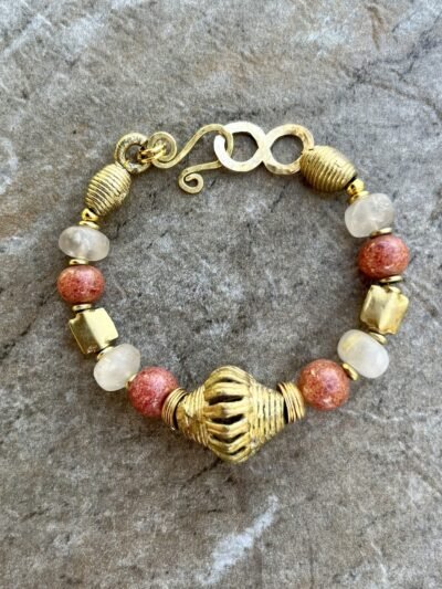 Boho Bracelet Vintage Sponge Coral, Rutilated Quartz, African Lost Wax Brass