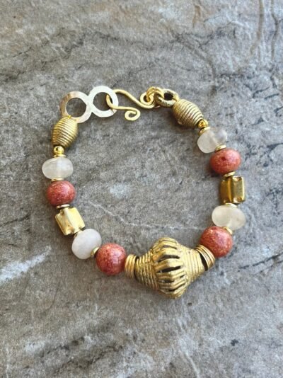 Boho Bracelet Vintage Sponge Coral, Rutilated Quartz, African Lost Wax Brass - Image 3