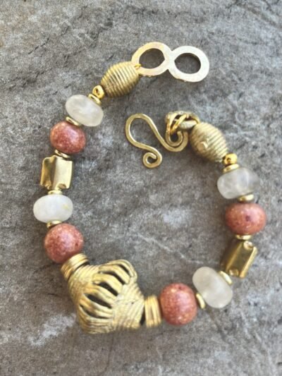 Boho Bracelet Vintage Sponge Coral, Rutilated Quartz, African Lost Wax Brass - Image 2