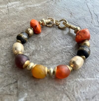 Boho Chic Bracelet Ghanaian Recycled Glass, Howlite, Vintage Italian Gold Filled Beads - Image 3