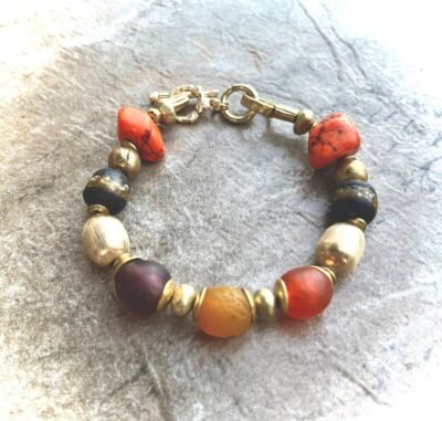 Boho Chic Bracelet Ghanaian Recycled Glass, Howlite, Vintage Italian Gold Filled Beads - Image 2