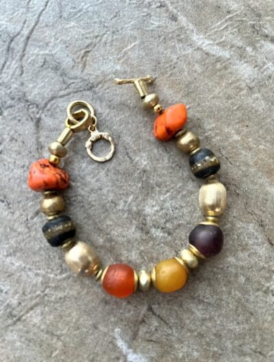 Boho Chic Bracelet Ghanaian Recycled Glass, Howlite, Vintage Italian Gold Filled Beads - Image 7