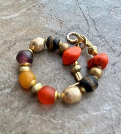 Boho Chic Bracelet Ghanaian Recycled Glass, Howlite, Vintage Italian Gold Filled Beads - Image 5