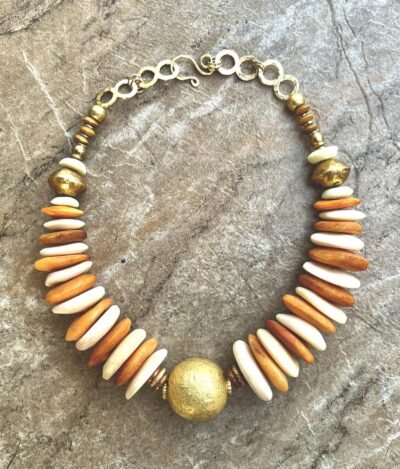 Tribal Boho Necklace African Trade Bone Discs and Ethnic Brass - Image 4