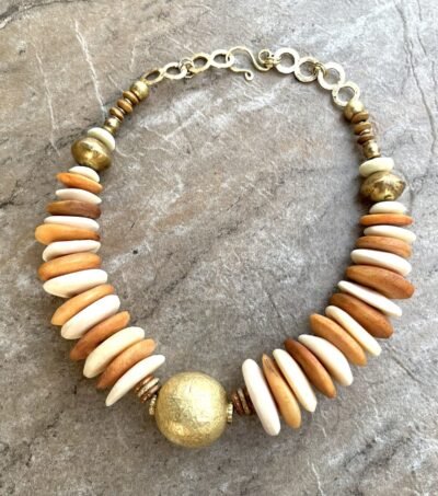 Tribal Boho Necklace African Trade Bone Discs and Ethnic Brass - Image 2