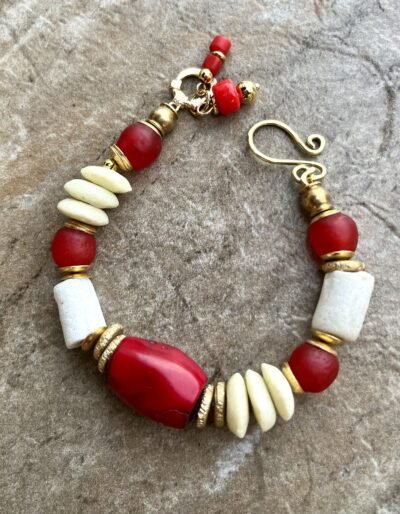 Bohemian Red Coral Bracelet with African Glass and Tribal Lost Wax Brass - Image 2