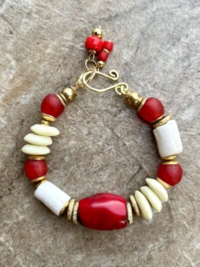 Bohemian Red Coral Bracelet with African Glass and Tribal Lost Wax Brass