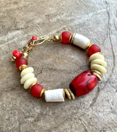 Bohemian Red Coral Bracelet with African Glass and Tribal Lost Wax Brass - Image 6