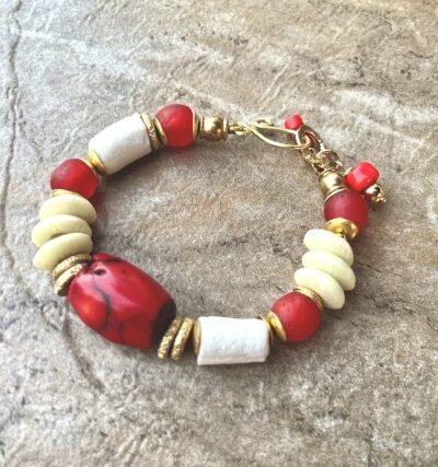 Bohemian Red Coral Bracelet with African Glass and Tribal Lost Wax Brass - Image 5