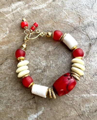 Bohemian Red Coral Bracelet with African Glass and Tribal Lost Wax Brass - Image 4