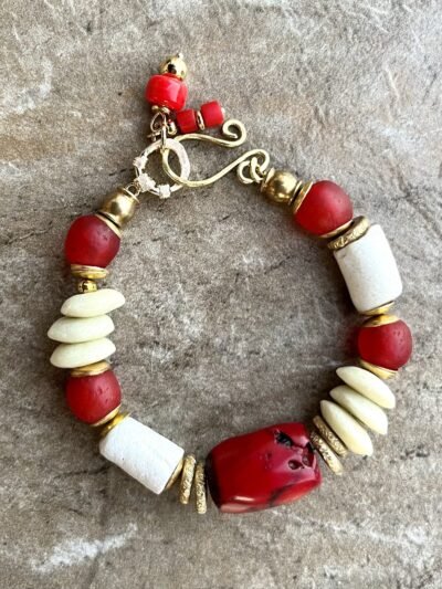 Bohemian Red Coral Bracelet with African Glass and Tribal Lost Wax Brass - Image 3