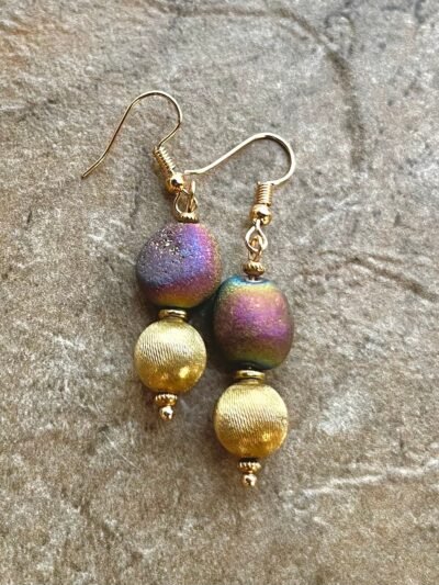 Bohemian Chic Earrings Titanium Agate and Italian Gold Filled Brushed Beads - Image 2