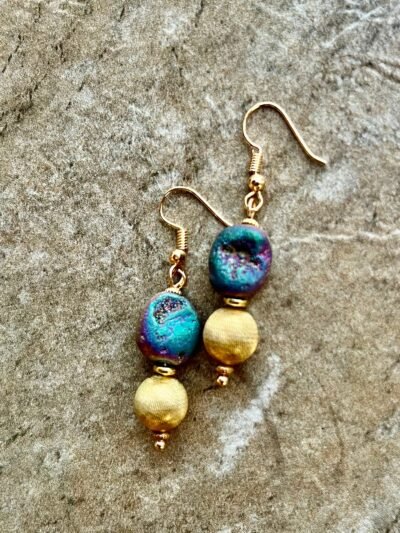 Bohemian Chic Earrings Titanium Agate and Italian Gold Filled Brushed Beads