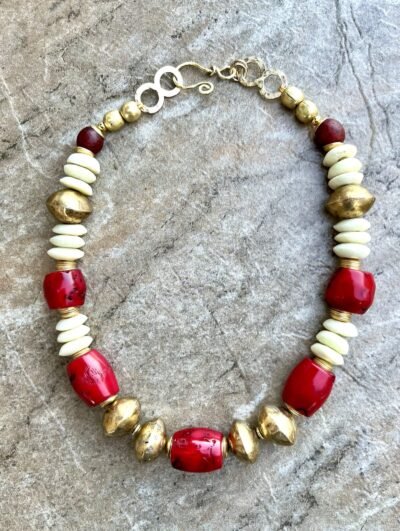 Bohemian Chic Necklace Red Coral, African Tribal Brass and Trade Ashanti Glass - Image 6