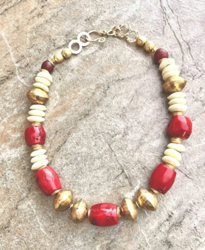 Bohemian Chic Necklace Red Coral, African Tribal Brass and Trade Ashanti Glass - Image 9