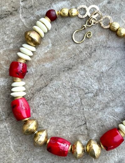 Bohemian Chic Necklace Red Coral, African Tribal Brass and Trade Ashanti Glass - Image 5