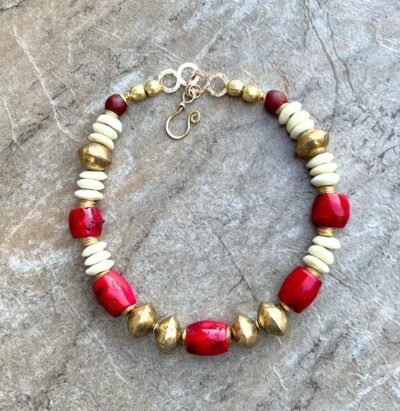 Bohemian Chic Necklace Red Coral, African Tribal Brass and Trade Ashanti Glass - Image 7