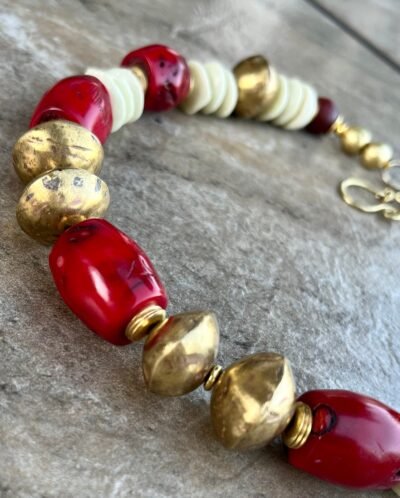 Bohemian Chic Necklace Red Coral, African Tribal Brass and Trade Ashanti Glass - Image 3