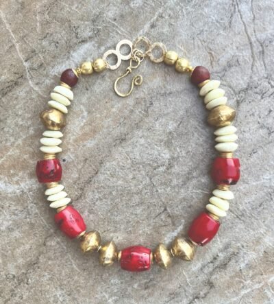 Bohemian Chic Necklace Red Coral, African Tribal Brass and Trade Ashanti Glass - Image 4