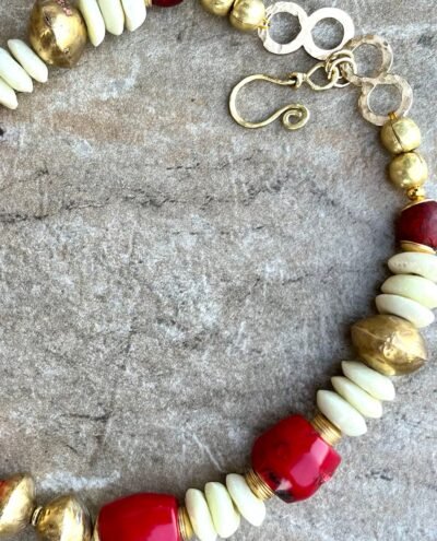 Bohemian Chic Necklace Red Coral, African Tribal Brass and Trade Ashanti Glass - Image 2