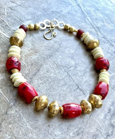 Bohemian Chic Necklace Red Coral, African Tribal Brass and Trade Ashanti Glass