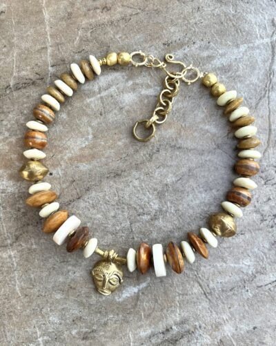 Boho Tribal Necklace Trade Bone, Ashanti Glass, Agate, African Ethnic Brass Bead - Image 4