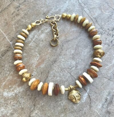 Boho Tribal Necklace Trade Bone, Ashanti Glass, Agate, African Ethnic Brass Bead - Image 6