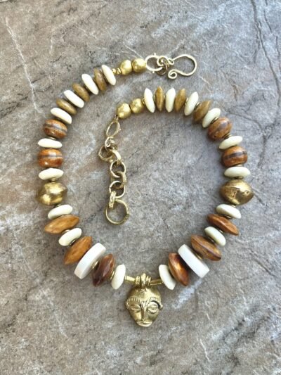 Boho Tribal Necklace Trade Bone, Ashanti Glass, Agate, African Ethnic Brass Bead - Image 7