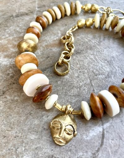 Boho Tribal Necklace Trade Bone, Ashanti Glass, Agate, African Ethnic Brass Bead - Image 5