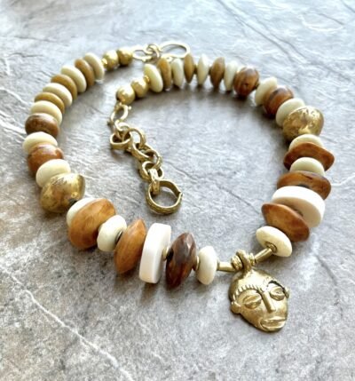 Boho Tribal Necklace Trade Bone, Ashanti Glass, Agate, African Ethnic Brass Bead