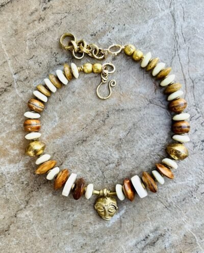 Boho Tribal Necklace Trade Bone, Ashanti Glass, Agate, African Ethnic Brass Bead - Image 2