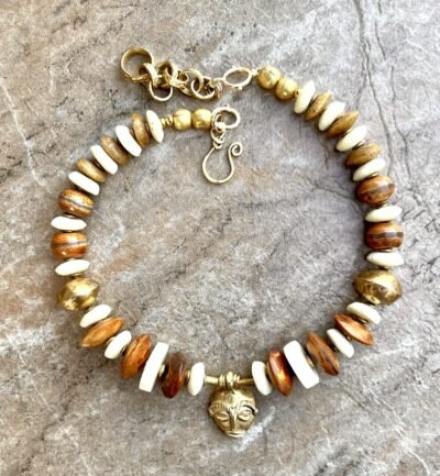 Boho Tribal Necklace Trade Bone, Ashanti Glass, Agate, African Ethnic Brass Bead - Image 9