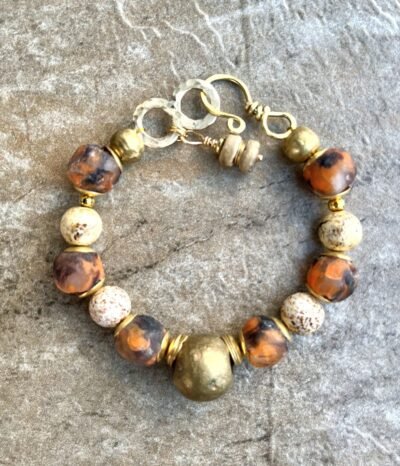 Tribal Boho Bracelet Agate Sandstone Ghana Recycled Glass Ethnic Lost Wax Brass - Image 2