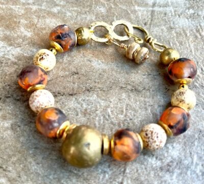 Tribal Boho Bracelet Agate Sandstone Ghana Recycled Glass Ethnic Lost Wax Brass