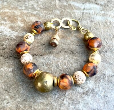 Tribal Boho Bracelet Agate Sandstone Ghana Recycled Glass Ethnic Lost Wax Brass - Image 4