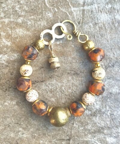 Tribal Boho Bracelet Agate Sandstone Ghana Recycled Glass Ethnic Lost Wax Brass - Image 5